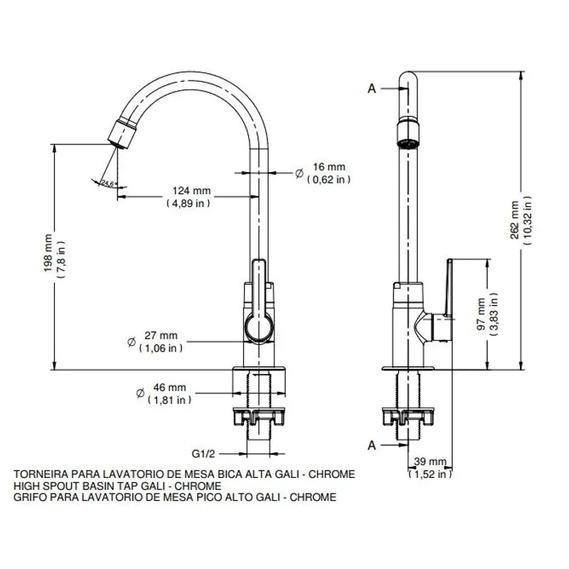 Torneira p/ Banheiro Bica Alta Gali - Cromado - Docol
