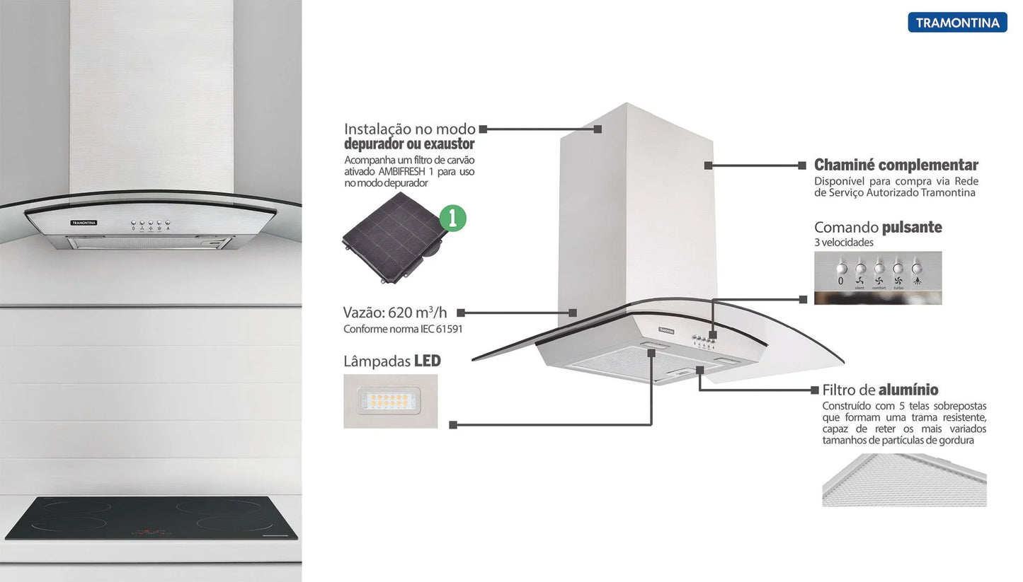 Coifa de Parede New Vetro 90cm - 110V/127V - Tramontina