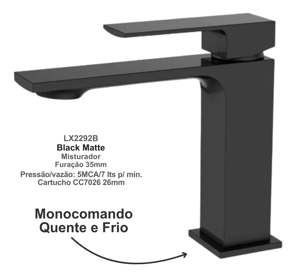 Misturador Monocomando Bica Baixa Lx2296B - Black Matte - Lexxa