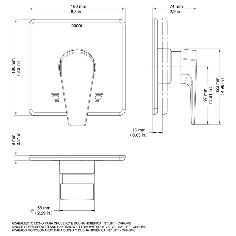 Acabamento Monocomando de Alta Pressão 1/2" Lift - Cromado - Docol